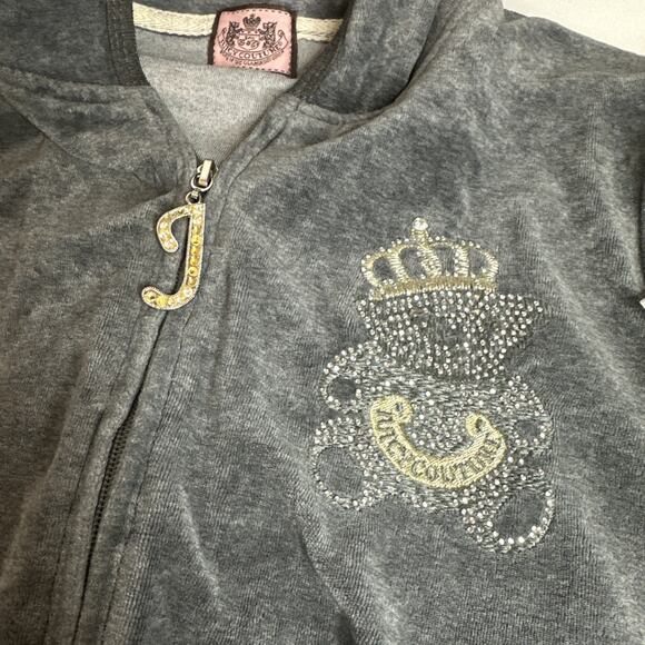 Juicy Couture VTG y2k Grey Embroidered Velour Hoodie Jacket Bear Crown RARE USA - Picture 6 of 11